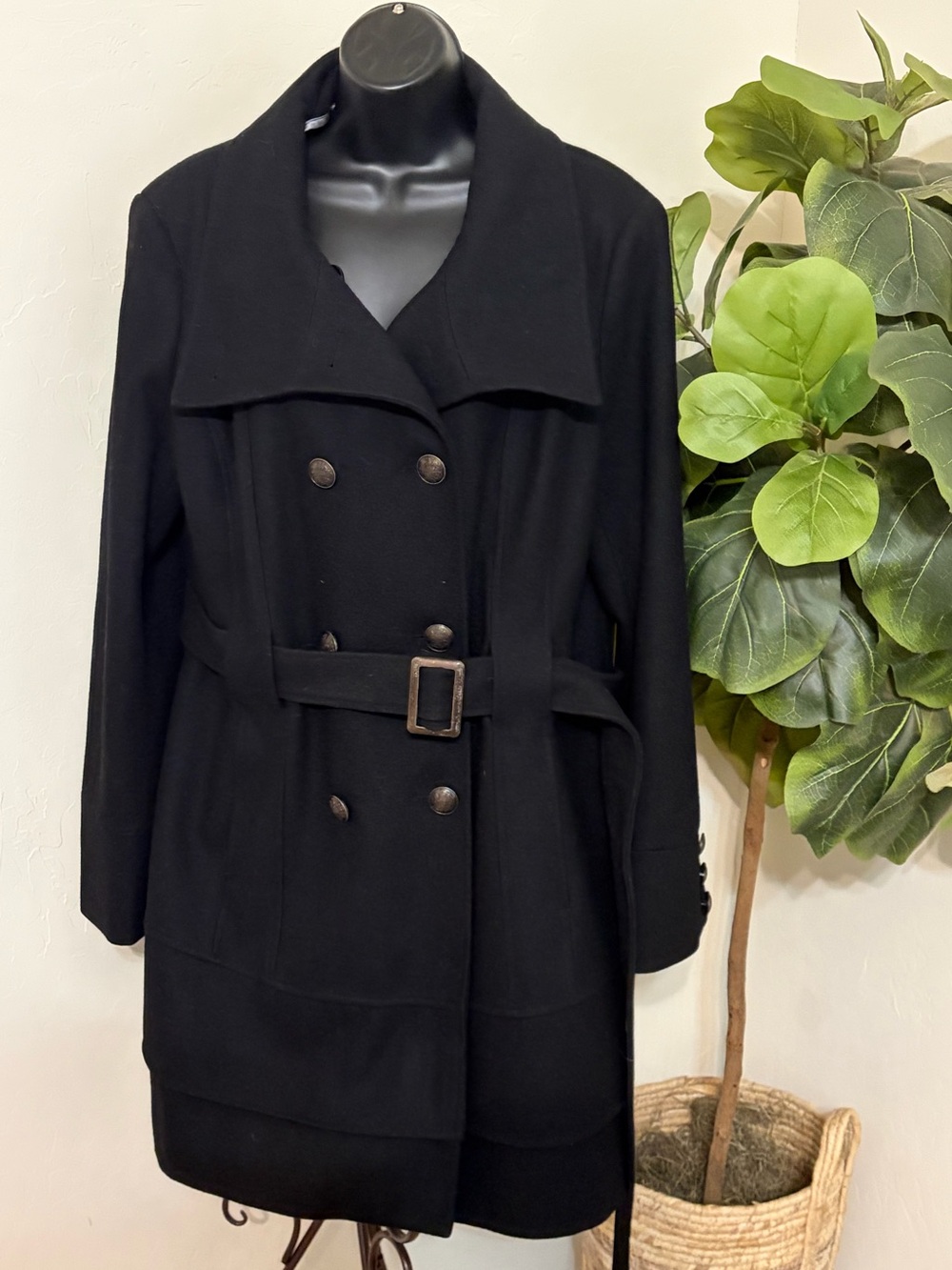 New York & Company Black Double-Breasted Belted Pea Coat